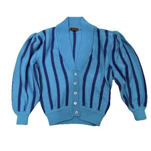 VTG 80s 90s Wool Cardigan Sweater S Teal Purple Striped Puff Sleeve Patrick TLC